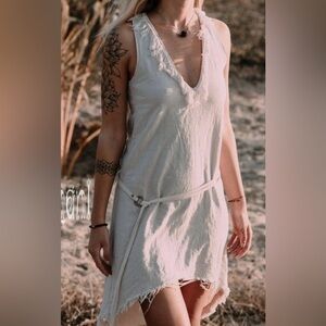 Chintamani Alchemistry Cream Oatmeal Sleeveless Raw Cotton Boho Fringe Dress.